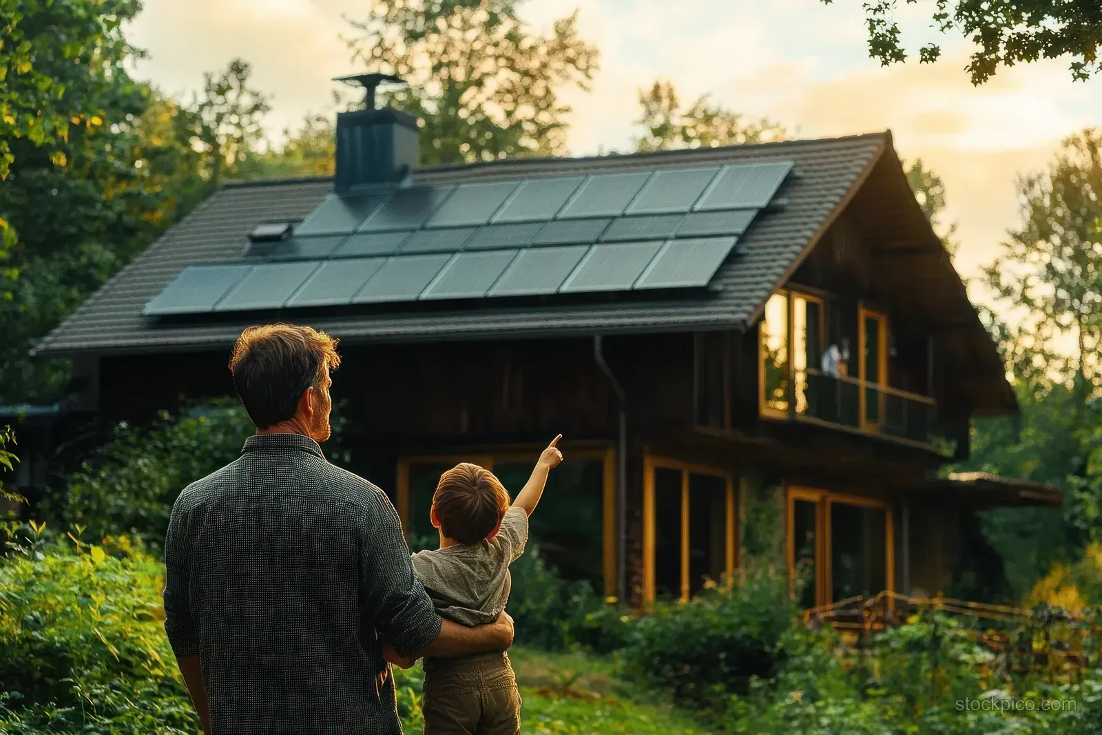 A father and daughter watch a house roof with solar panels from the garden during golden hour.