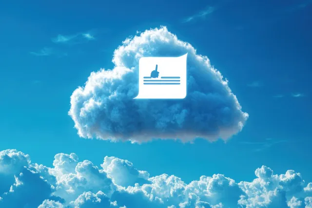 A fluffy white cloud floats in a clear blue sky with a faint note and pencil icon overlay.
