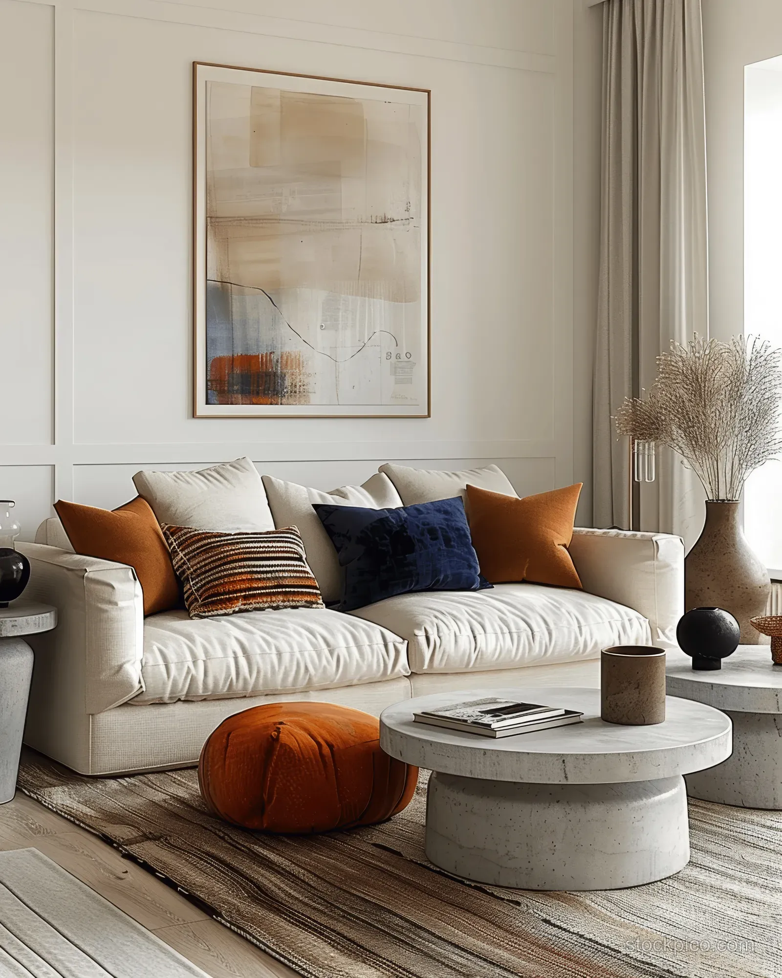 Beige sofa with colorful pillows sits beside a round concrete coffee table in a bright minimalist living room.