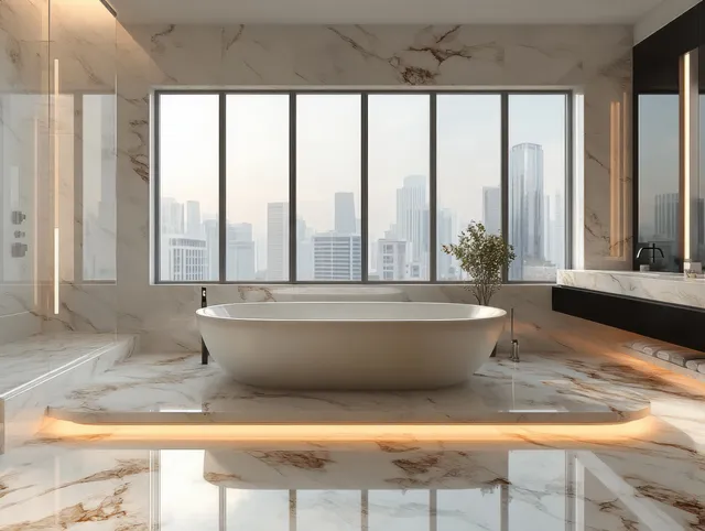 Freestanding bathtub sits on marble flooring before large windows showing a distant city skyline.