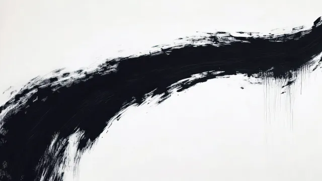 A black brushstroke arcs across a white background with rough texture and visible paint drips.