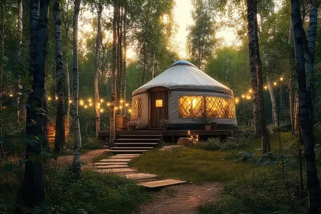 A glowing round yurt in a birch forest at dusk with string lights along a wooden walkway.