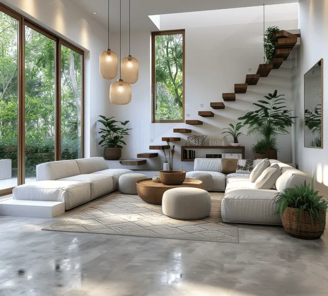Minimalist living room with concrete floor, large windows, green trees view