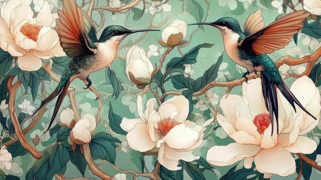 Two hummingbirds perch on twisting branches covered with magnolia blossoms against a soft teal background.