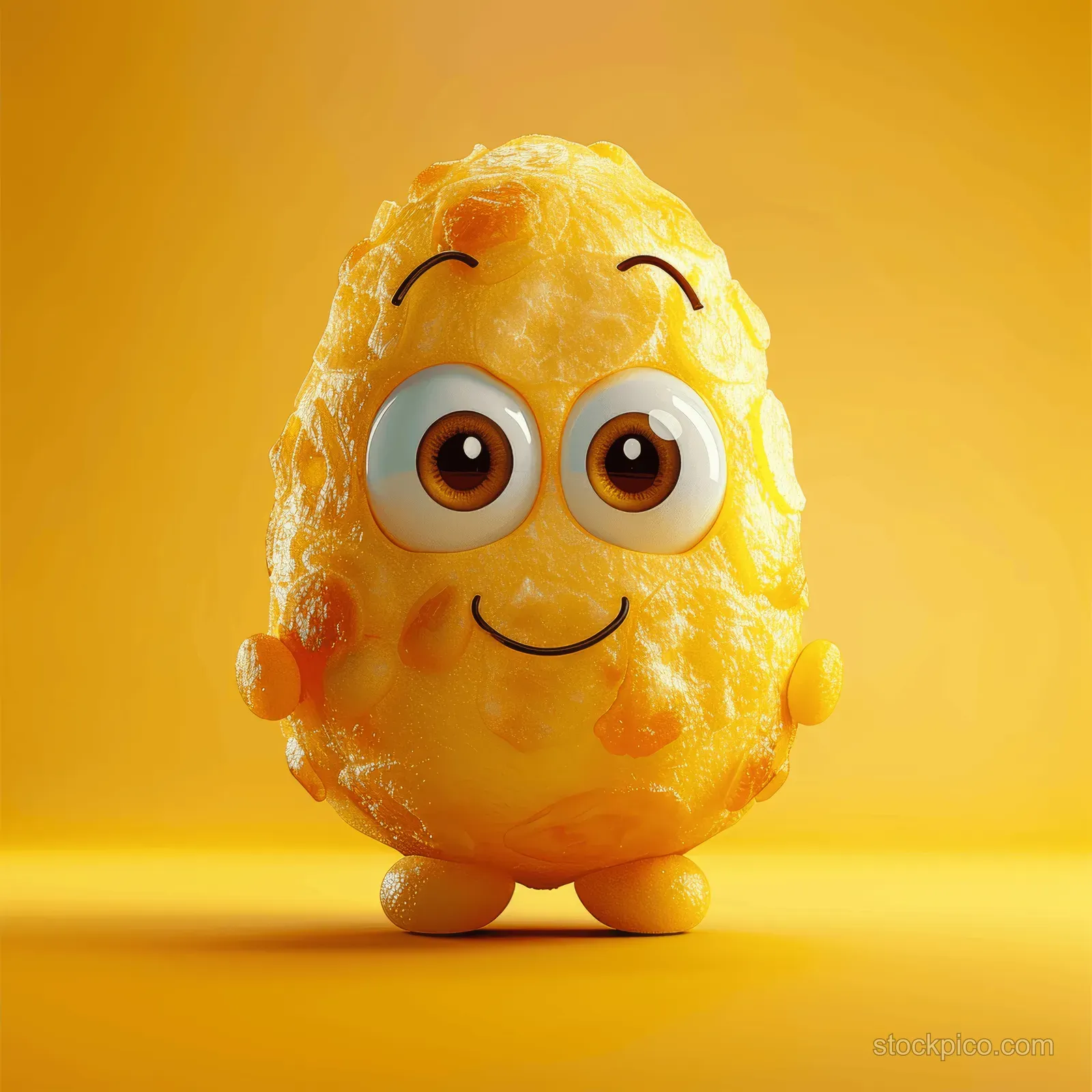 A smiling 3D potato chip mascot with big eyes stands centered on a bright yellow background.