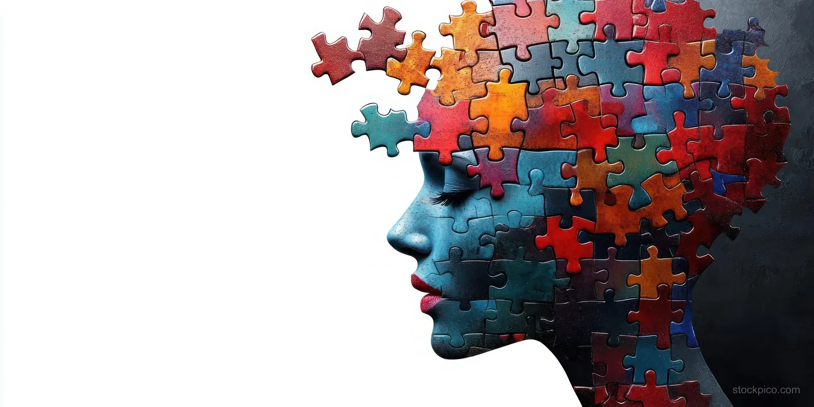 Side profile head silhouette built from colorful jigsaw pieces against a dark textured background.