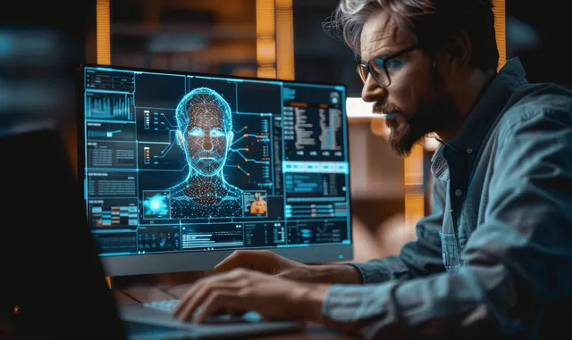 Developer at laptop using AI interface with holographic face wireframe on futuristic UI screen