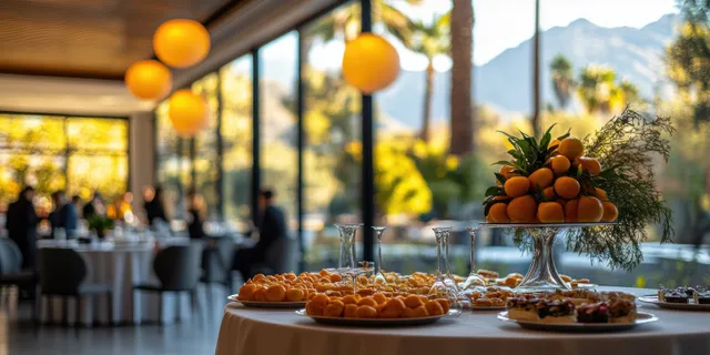 Round reception tables with a fruit centerpiece sit in the foreground while guests converse behind large glass windows.