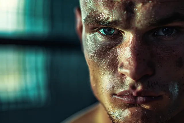 A Russian light heavyweight boxer is shown in an intense close-up with sweat and bruises.