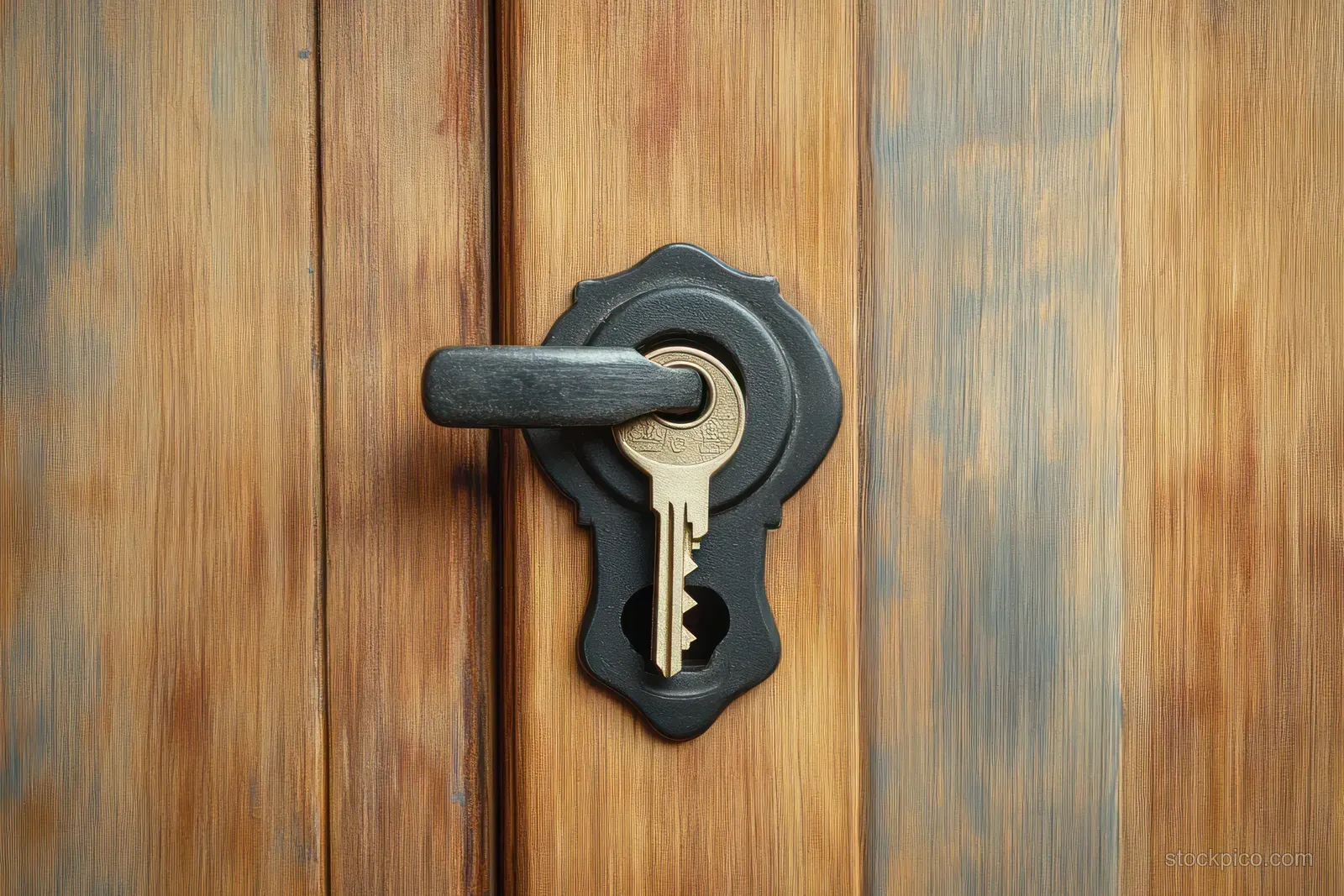 A key is inserted into a black metal lock on a wooden door with visible grain.