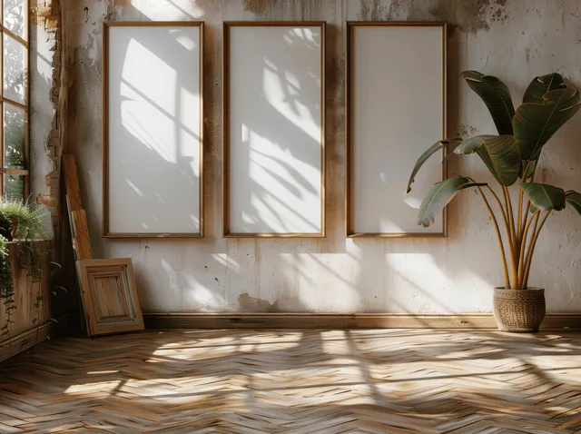 Blank white poster frames in wooden borders sit on a sunlit parquet floor with window-shadow patterns.