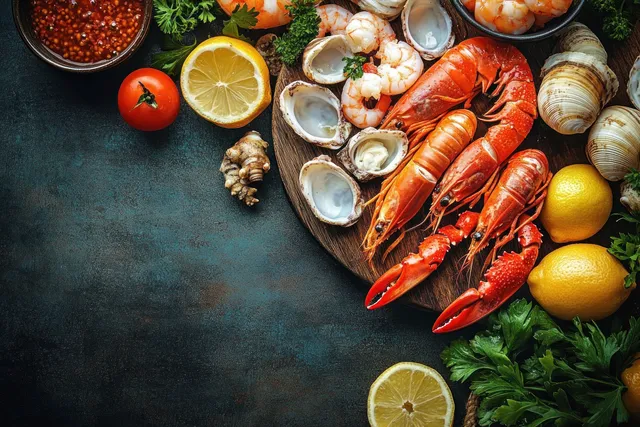 Rustic seafood platter with lobster, mussels, oysters, shrimp, and lemon wedges on slate