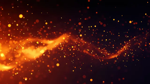 Golden-orange glowing particles and flowing light streaks shimmer across a dark background.