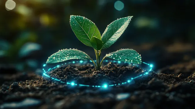 A young seedling sprouts from dark soil with droplets and a glowing blue digital ring around it.