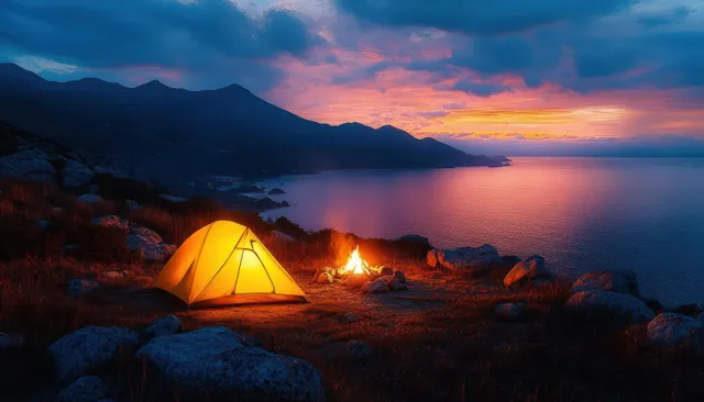 Yellow camping tent and glowing campfire on a rocky shoreline during sunset over calm water and distant mountains.
