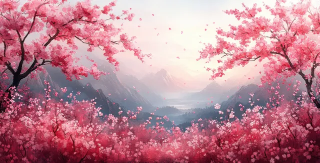 Cherry blossom trees with falling pink petals fill a misty spring valley at sunrise.