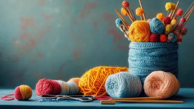 Multicolored yarn balls and knitting needles rest on a blue tabletop with a textured blue background.