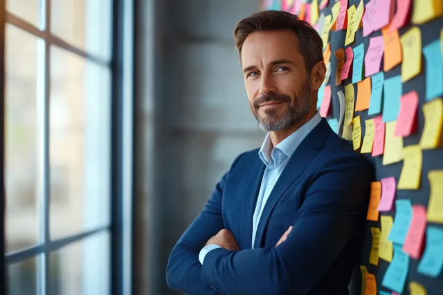 A smiling businessman in a blue suit stands with arms crossed beside colorful sticky notes in a bright office.
