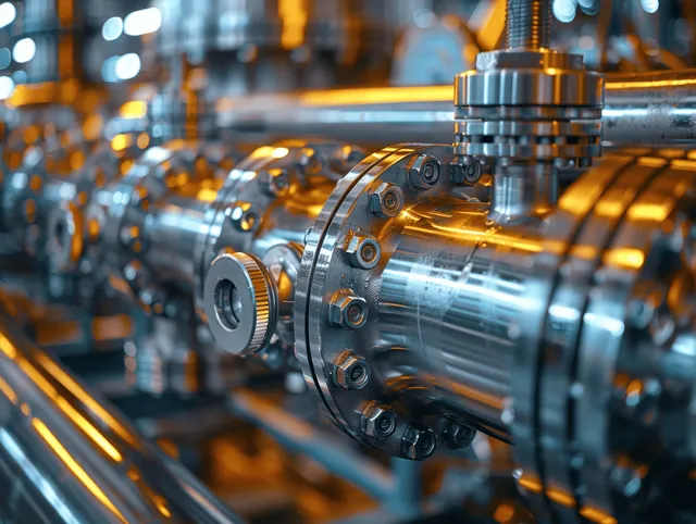 Closeup of a chrome stainless steel instrument coupler with reflective threads amid blurred industrial workshop equipment.