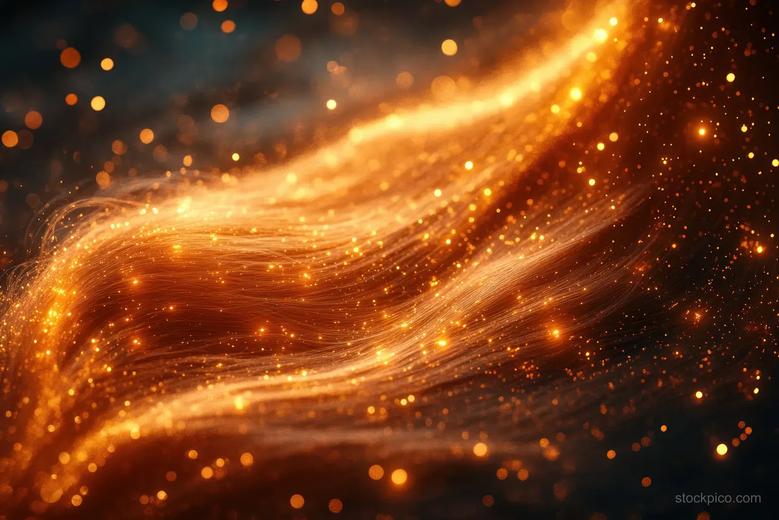 Golden serum streams swirl around a hair-like strand, with sparkling particles and warm blurred bokeh.