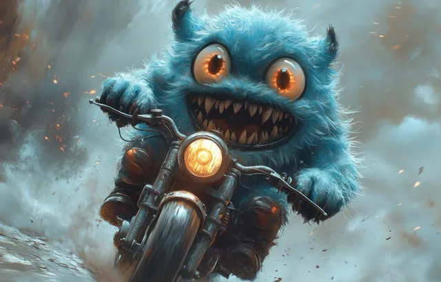 A furry monster biker in a leather jacket rides a motorcycle with glowing eyes and sharp teeth in a surreal outdoor scene.