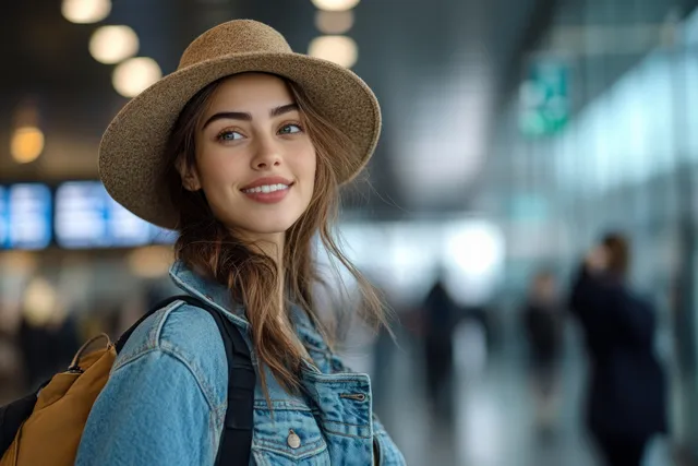 A young traveler in a denim jacket waits in an airport terminal while looking at her smartphone.