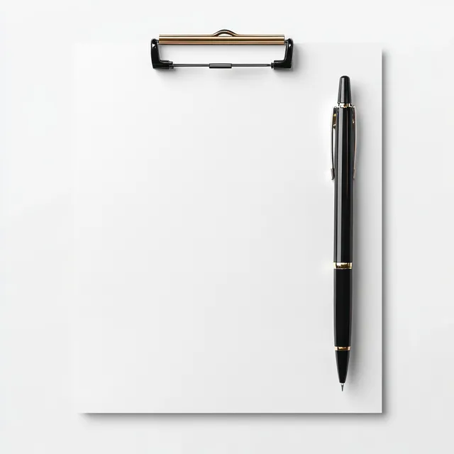Black clipboard holding blank white paper with black pen on right, isolated white background