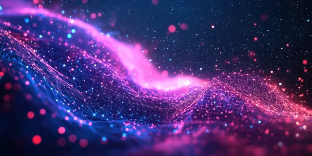 Neon glowing arcs link polygon nodes across a purple-blue bokeh cyberspace background.