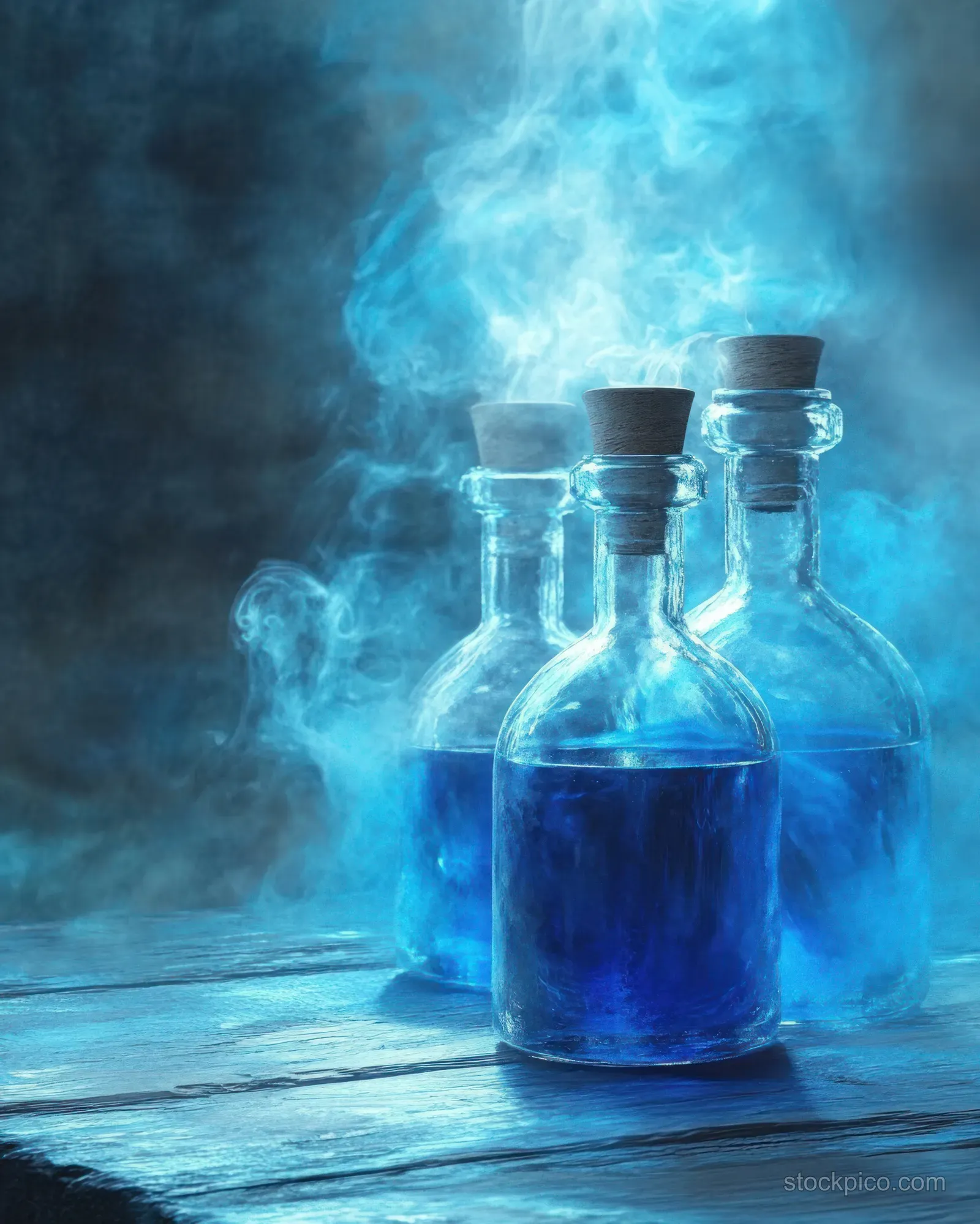 Three glass bottles with blue liquid and cork stoppers emit curling smoke above a wooden surface.