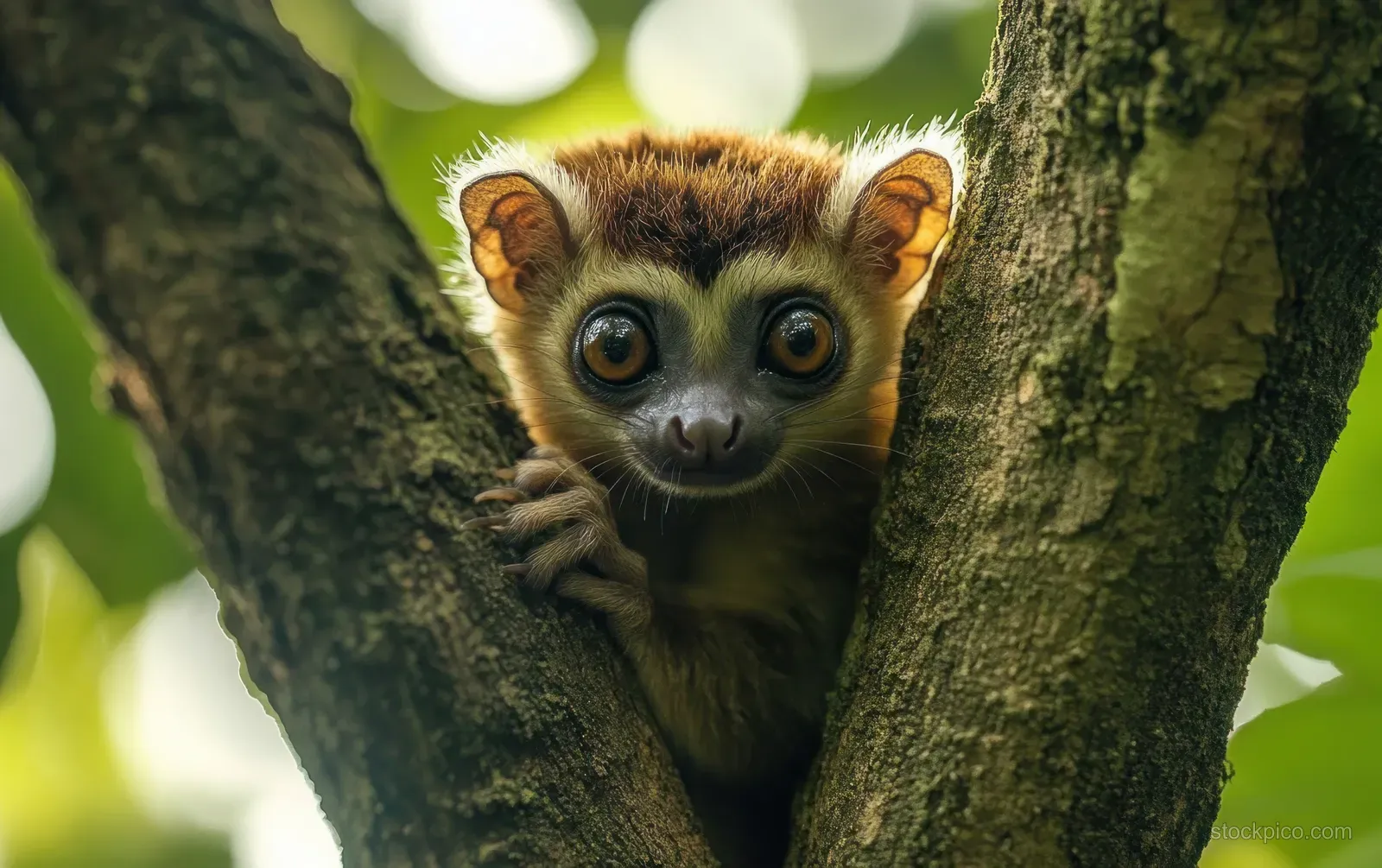 A small brown primate peeks between two tree trunks in a green forest background, showing large focused eyes.