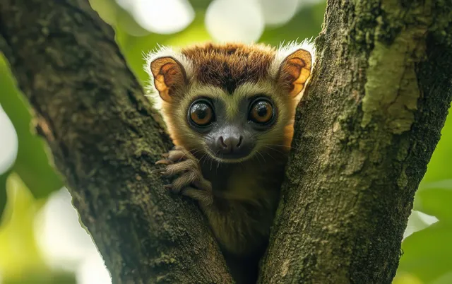A small brown primate peeks between two tree trunks in a green forest background, showing large focused eyes.