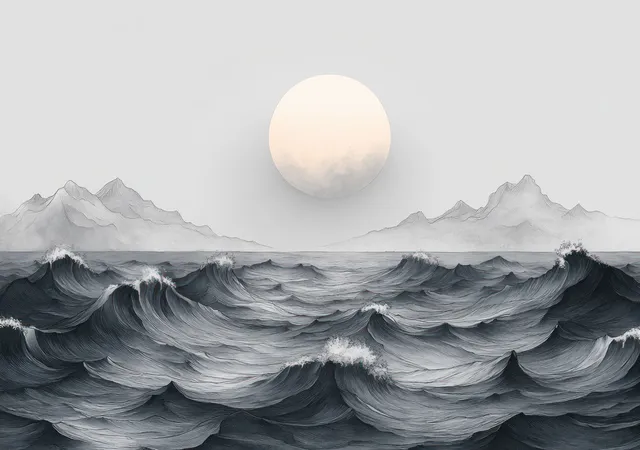 Monochrome minimalist illustration of powerful ocean waves and rocky shoreline beneath distant mountain silhouettes.