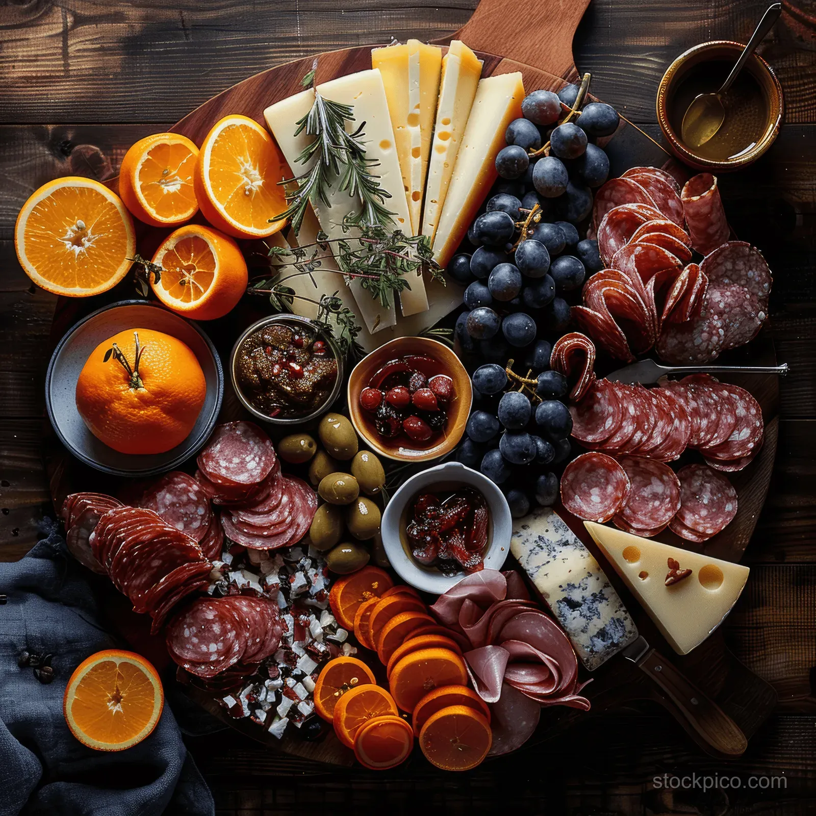 Charcuterie and cheese board arranged on dark wooden background with grapes, orange slices, olives, and salami.