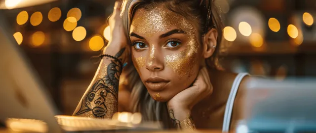 Close-up portrait of a woman with gold glitter makeup against a glowing golden bokeh background.