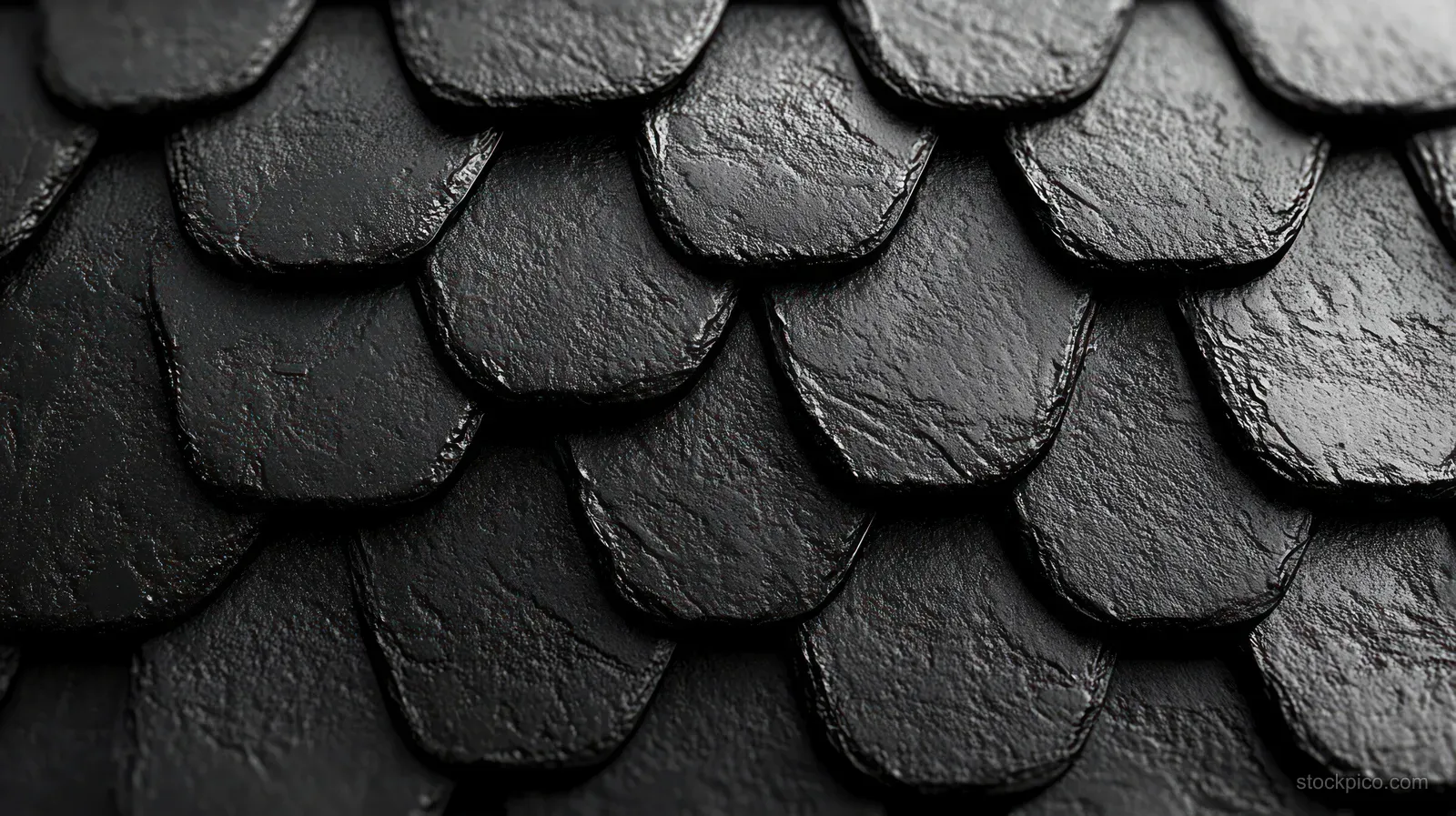 Overlapping black stone roof tiles with rough texture and curved edges under soft light.