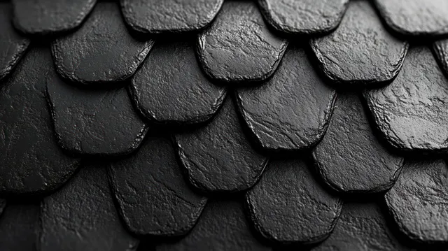 Overlapping black stone roof tiles with rough texture and curved edges under soft light.