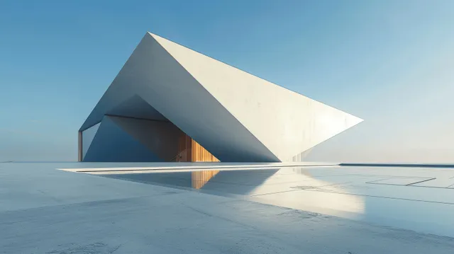 White triangular modern building sits on a concrete platform with sharp geometric shadows against a blue sky.