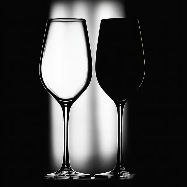 Two empty wine glasses on a dark background, lit to create contrasting black and white silhouette shadows.