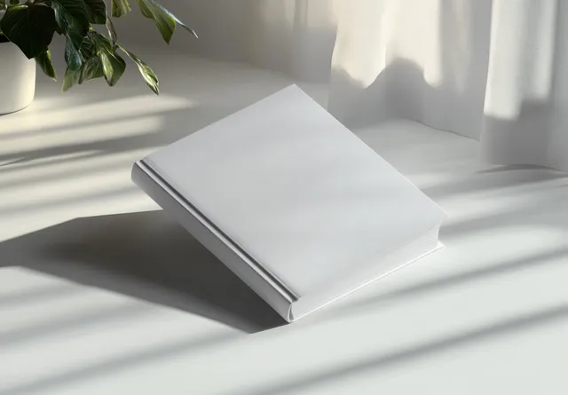 Closed white book on a table with striped sunlight shadows from sheer curtains and a nearby green plant.