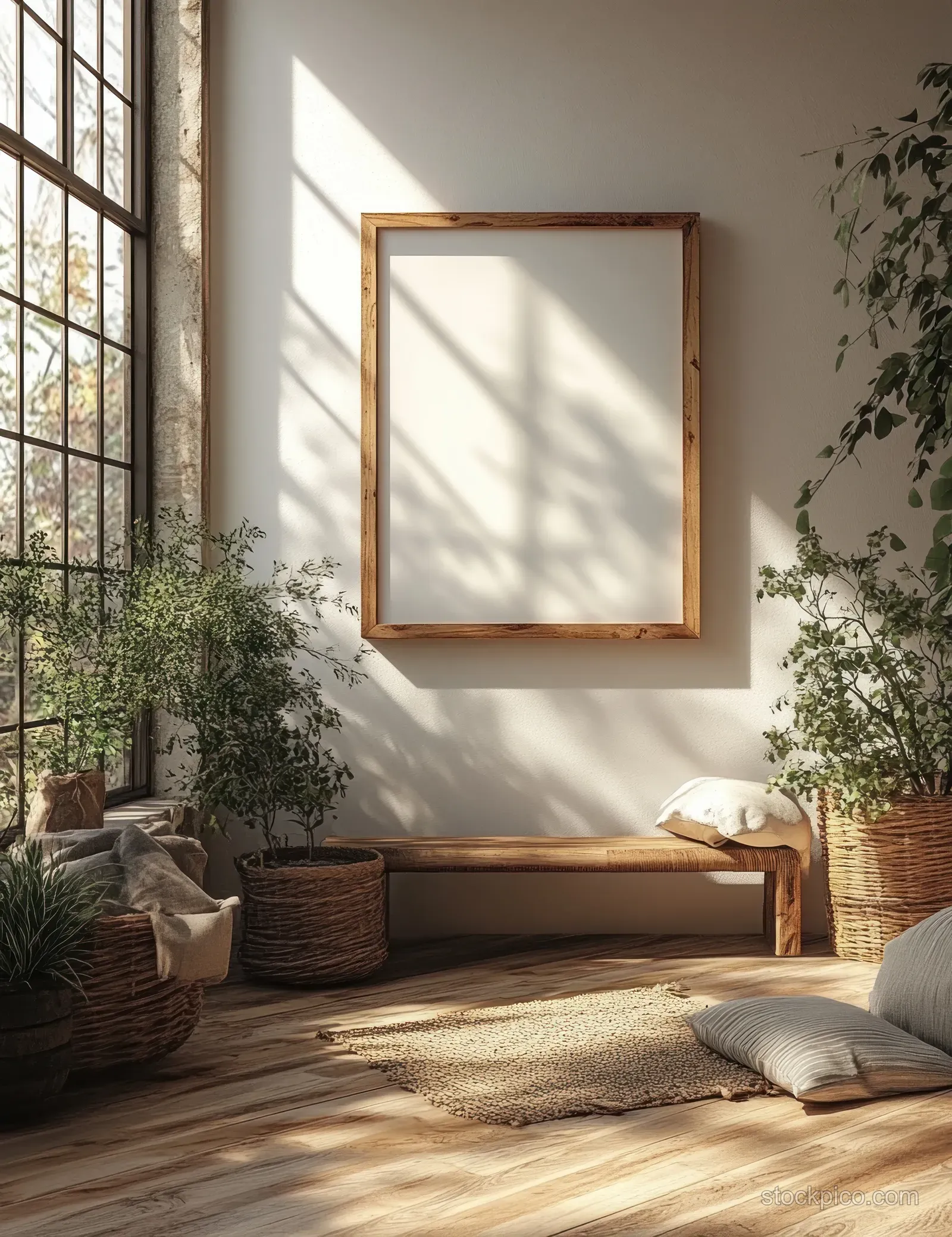 Sunlit minimalist living room interior with a framed blank poster on a white wall above a wooden floor.