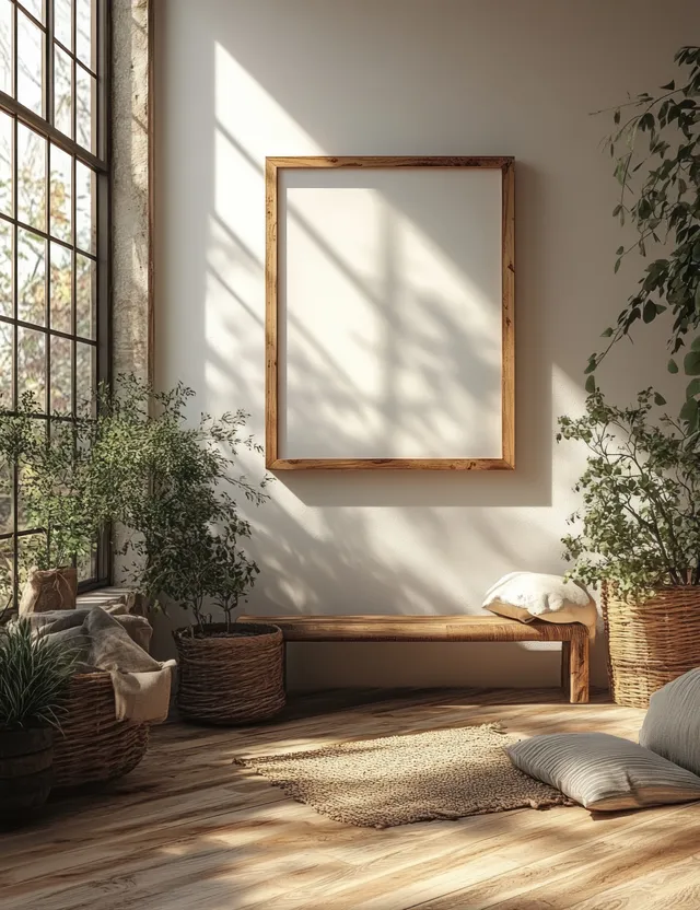Empty Scandinavian living room with framed poster mockup on white wall, sunlit wooden floor