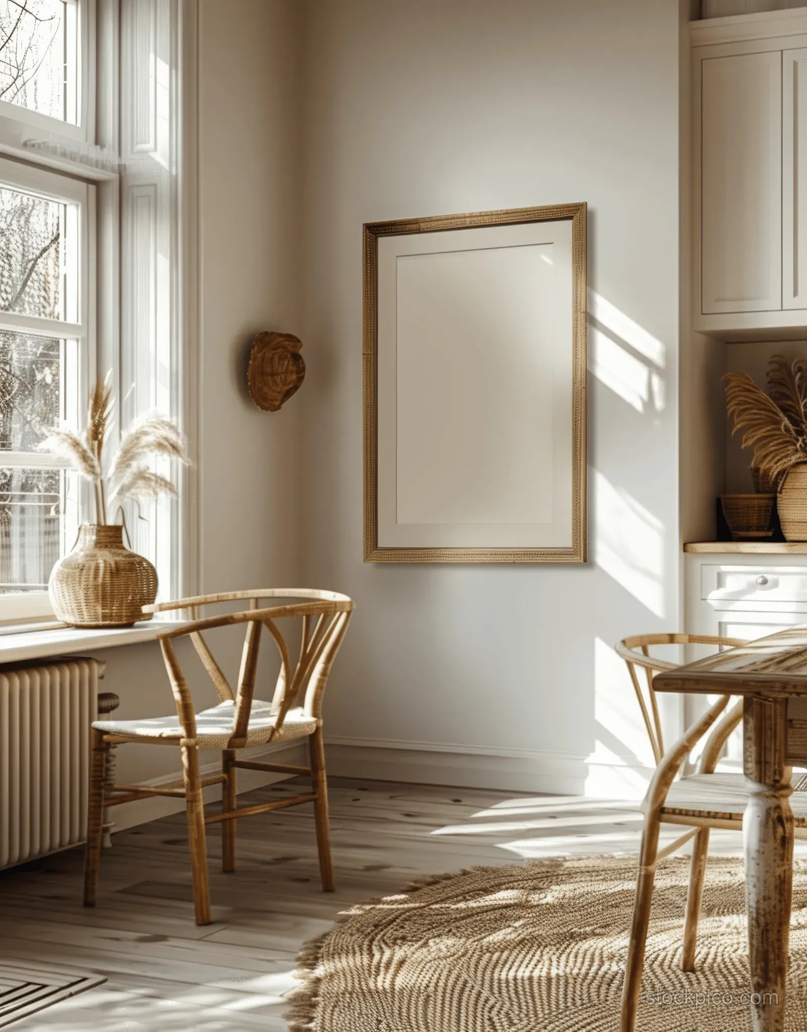 Sunlit kitchen corner showing rattan chairs, white cabinets, and a wooden-frame poster on beige walls.