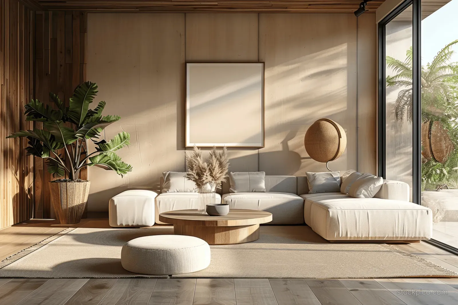Japandi living room interior with beige sofa, wooden coffee table, and plants near large window daylight.