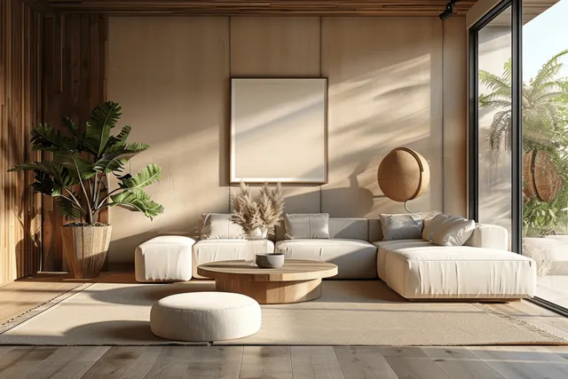 Japandi living room interior with beige sofa, wooden coffee table, and plants near large window daylight.