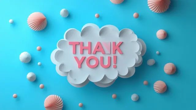 A cloud-shaped speech bubble with “Thank You!” text over a blue background with scattered shell decorations.