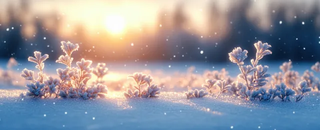 Frosty winter bushes sit in a snowy field while glowing sunlight and floating snowflakes fill the blue sky.