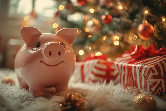 A pink piggy bank is placed near a lit Christmas tree with wrapped gifts and glowing ornaments in soft bokeh.