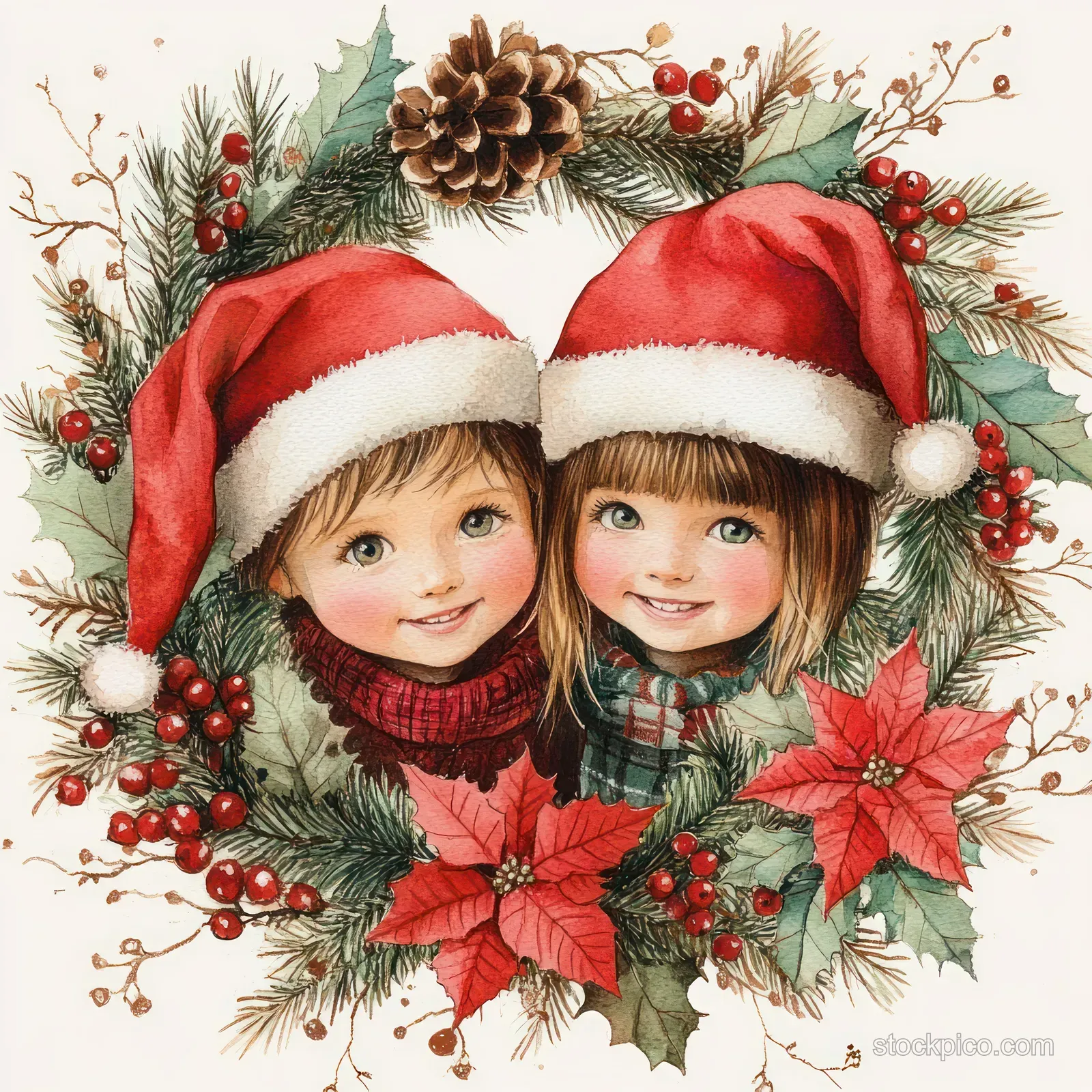 Two children smile in red Santa hats inside a Christmas wreath with pinecones, holly, red berries, and poinsettias.