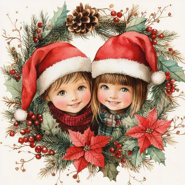 Two children smile in red Santa hats inside a Christmas wreath with pinecones, holly, red berries, and poinsettias.