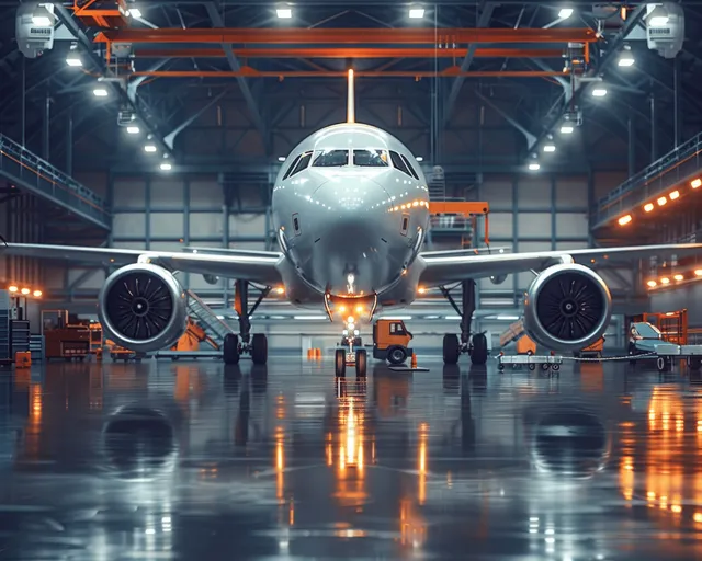 Robotic aircraft maintenance team inspects jet engine under cranes in hangar lighting